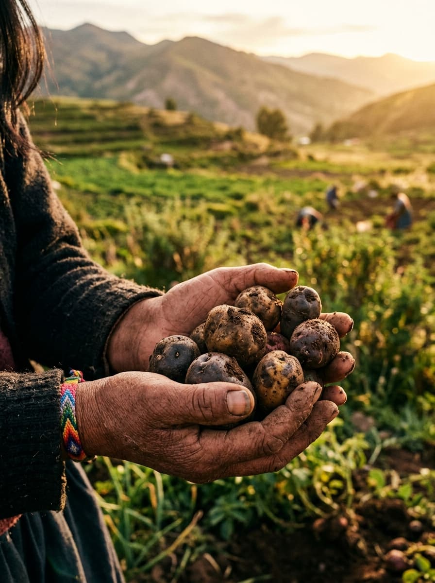 Manos comunitarias sosteniendo cosecha fresca en el campo andino